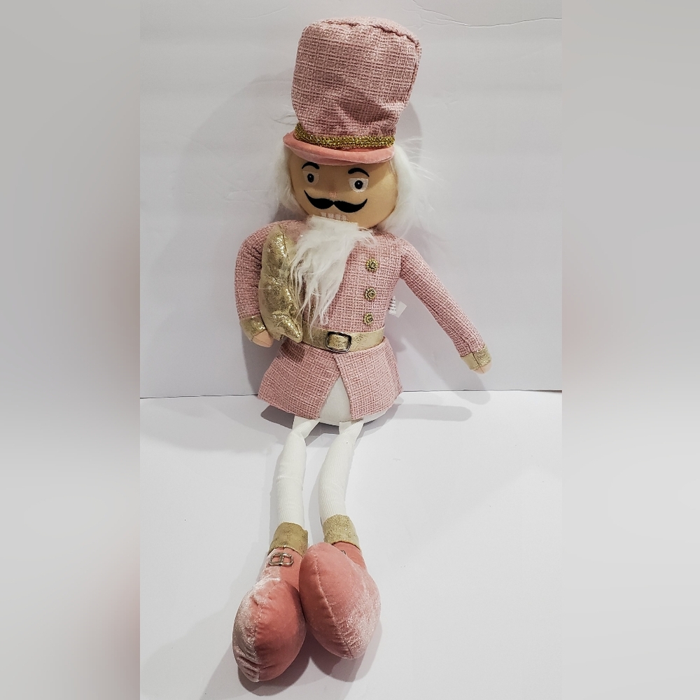 Gold and Pink tweed boucle adorned dangling legs weighted nutcracker plushie new